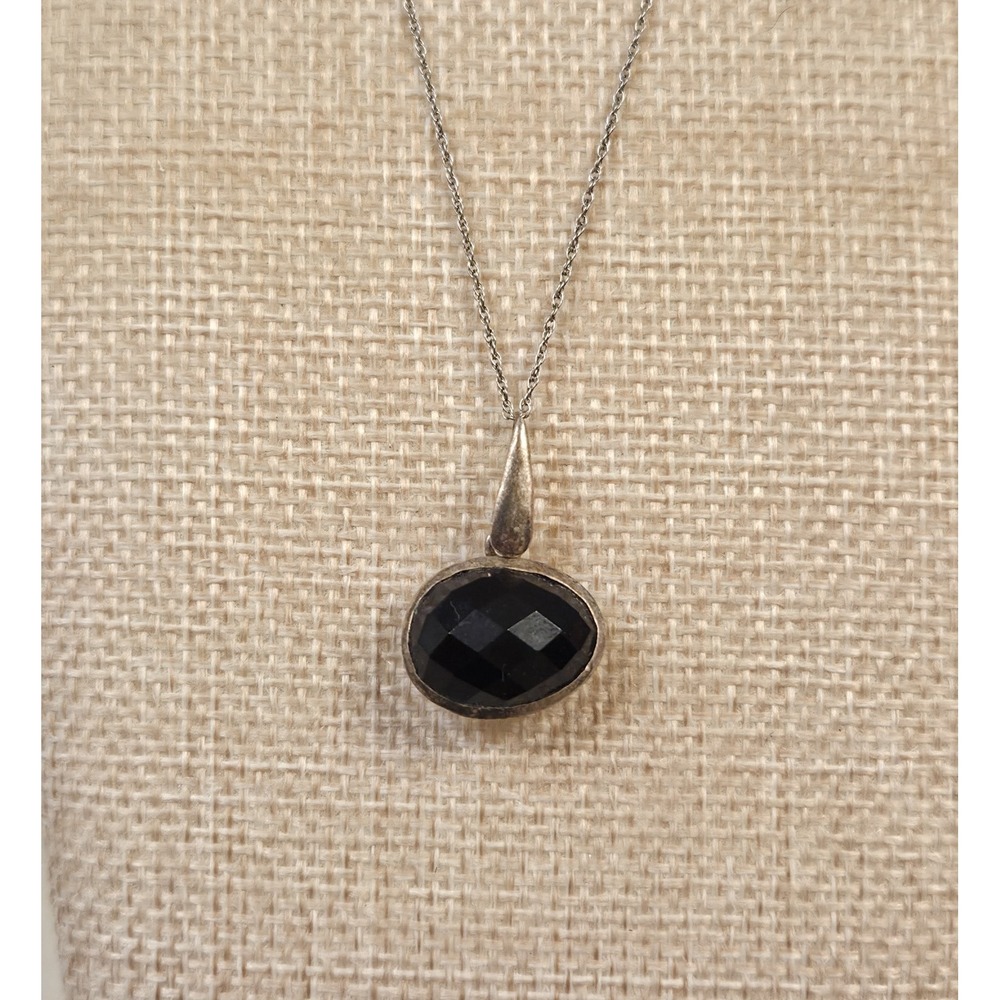 Vintage Sterling Silver & Black Onyx Faceted Oval Pendant Necklace 18"